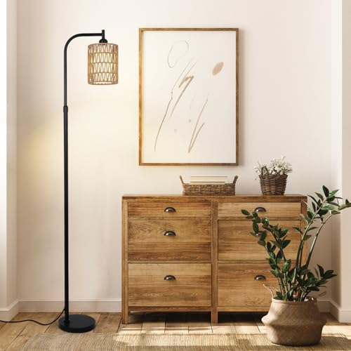 LAMSU Floor Lamp with Remote, Dimmable Rattan Floor Lamp with LED Bulb, Industrial Black Tall Pole Lamp with Rattan & Fabric Shades, Boho Farmhouse Standing Lamps for Living Room Bedroom Office - color: Black