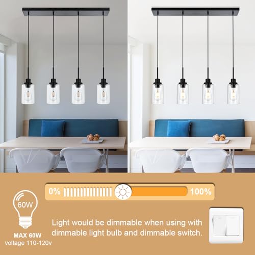 Black Pendant Light Fixtures with Clear Glass, 4-Lights Adjustable Height Hanging Ceiling Lights, Kitchen Island Lighting for Living Room Office Bar Farmhouse - color: Black, size: 4-Light