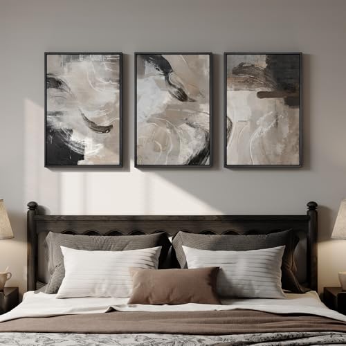 Framed Neutral Abstract Wall Art, 3 Piece Modern Minimalist Canvas Prints Paintings Artwork for Walls, Black Beige Brown Neutral Tone Pictures for Living Room Dining Room Bedroom Wall Decor 16x24 In - color: abstract Fluidity, size: 16" W x 24" H x 3pcs
