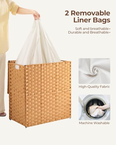 Greenstell Laundry Hamper with lid, No Install Needed, 110L Wicker Laundry Baskets Foldable 2 Removable Liner Bags, 2 Section Clothes Hamper Handwoven Rattan Laundry Basket with Handles, Natural - color: Natural