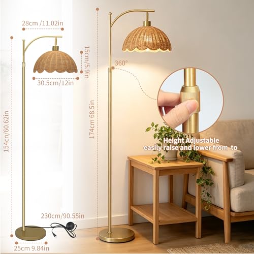 Arc Floor Lamp for Living Room, Gold Boho Floor Lamp with Hand-Woven Rattan Flower Shade, Farmhouse Standing Lamp with Remote & 3 Color Temp Bulbs, Height Adjustable Tall Lamp for Bedroom Corner - color: Gold
