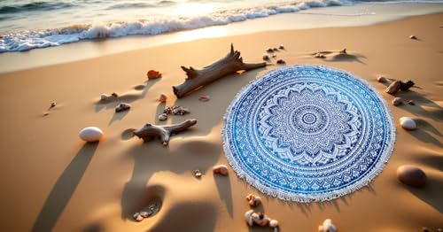 Round Beach Tapestry Mandala Boho Hippie Blanket Indian Cotton Bohemian Large Table Cloth Home Decor Yoga Mat Meditation Picnic Rug Hawaii Sunproof Throw Hippy Boho Gypsy Tablecloth Shawl Roundie (42 - color: Blue And White, size: 42"L x 42"W