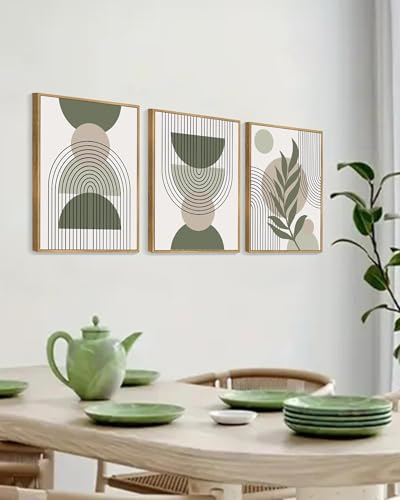 Drsoum 11x14in Boho Wall Art Green Sage Decor Framed Wood Modern Bohemian Abstract Geometry Canvas Prints Ready to Hang - color: green boho decor, Natural Framed, size: 11" x 14"