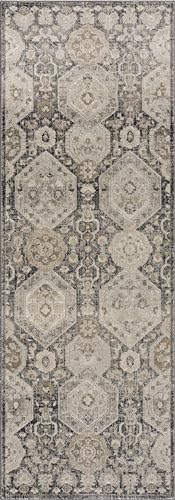Hauteloom Kismet Boho Vintage Traditional Damask Runner Rug - Farmhouse Traditional Floral Medallion Carpet for Hallway, Kitchen - Black, Tan, Gray, Brown, Beige - 2'7" x 7'3" - color: Beige, Black, Charcoal / Minoa, size: 2'7" x 7'3" (Runner)