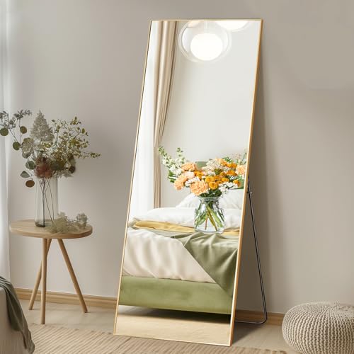 DUMOS 15"x56" Full Length Mirror with Stand, Floor Standing Aluminum Frame, Shatter-Proof Nano Glass for Bedroom, Living Room, Cloakroom – Modern Simple Home Decor,Can Be Hanging or Leaning, Gold - color: Rect-gold, size: 56"L x 15"W
