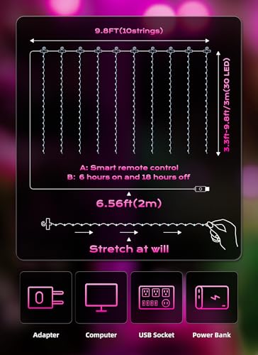 Brightown 300 LED Pink Fairy Curtain Lights, 9.8ft x 9.8ft String Lights, USB Plug in 8 Lighting Modes Christmas String Hanging Lights with Remote for Bedroom Indoor Outdoor Party Xmas Pink 1 Pack - color: Pink, size: 1 Pack-300 LED-USB Plug