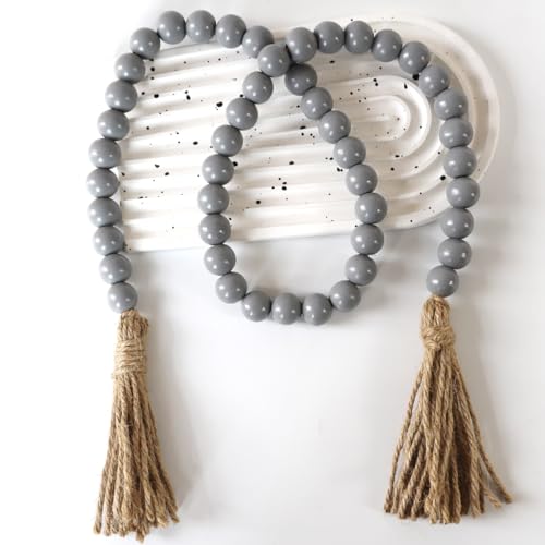Boho Decor Wood Beads Garland Farmhouse Wall Hanging Decorations Natural Wooden Bead Tassel Decorative for Coffee Table Christmas and Prayer (Gray, 39") - color: Grey, size: 39"