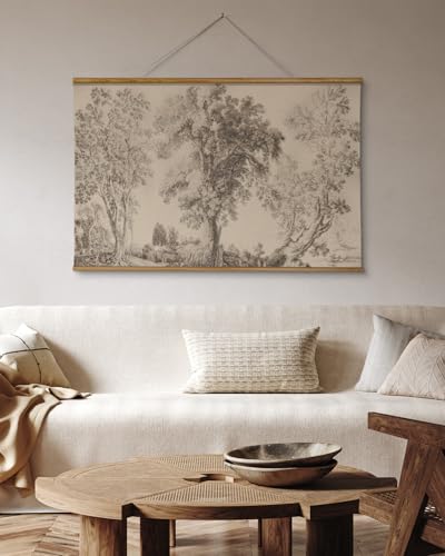 VIYYIEA Extra Large Size Canvas Wall Art, 36x54 Inch Vintage Tree Landscape Hanging Scroll, Oversized Rustic Nature Artwork for Living Room, Bedroom, or Study - color: Three Trees Composition
