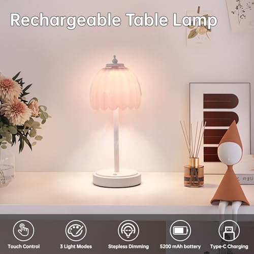 Shenmoyl Rechargeable Table Lamp with 5200mAh Battery & Touch Control - 3 Adjustable Color Temperatures, Cordless Dimmable Table Light for Bedroom, Office Desk, Nightstand(Creamy Pink, 1 Pack - color: Creamy Pink, size: 1 Pack