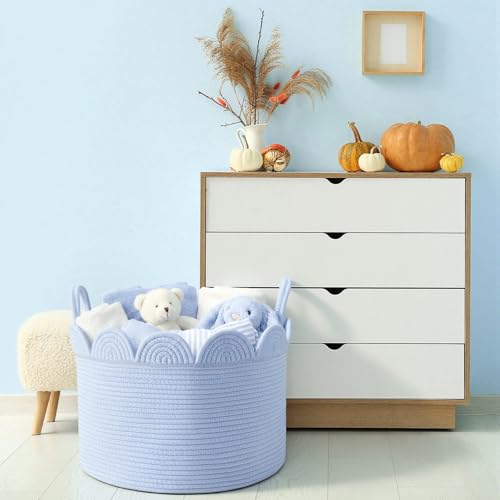 LemonRoad Blue Round Basket Large Blanket Basket 15.8" L X 15.8" W X 13.8" H Scalloped Woven Baskets Cotton Storage Baskets for Nursery Classroom Closet Blankets Storage Home Decor - color: Blue, size: 15.8" L X 15.8" W X13.8" H