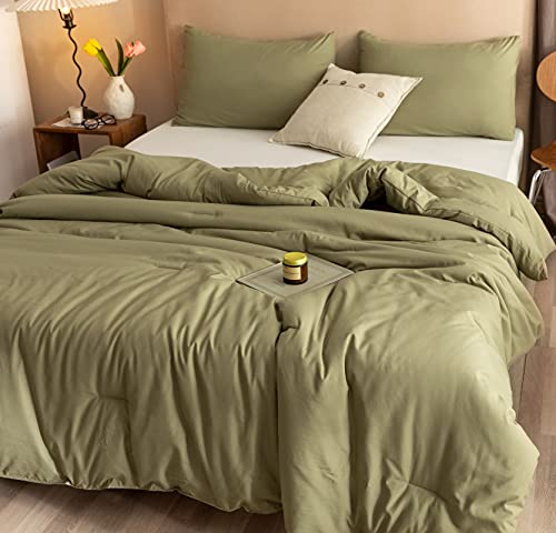 ROSGONIA Queen Comforter Set Olive Green, 3pcs Bedding Sets Queen (1 Boho Olive Comforter & 2 Pillowcases), All Season Lightweight Blanket Quilt - color: Olive Green, size: Queen Comforter 90"x90"