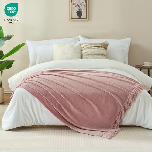 Chenille Throw Blanket for Couch with Tassels,60"X80" Soft Cozy Lightweight Knitted Boho Decorative Blankets for Bed and Sofa,Pink - color: Pink, size: 60"x80"