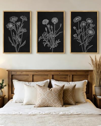 Drsoum Black White Flower Wall Art Vintage Minimalist Floral Wall Hanging Decor Bohemain Botanical Prints Artwork for Bedroom Living Room Hallway 24x36in Natural Framed - color: White Flower, size: 24x36in, Natural Framed