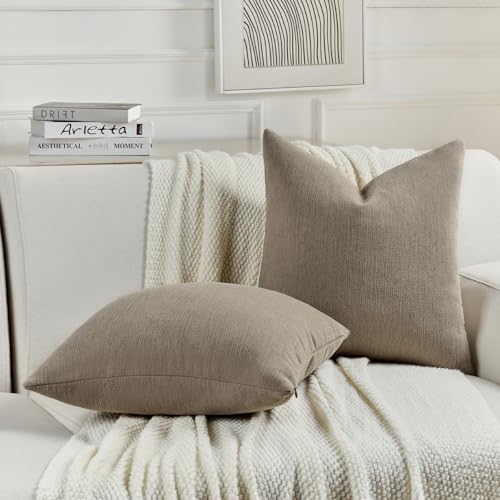 FUTEI Pack of 2 Chenille Decorative Throw Pillow Covers 24x24 Inch,Soft Cozy Faux Linen Textured European Pillow Shams,Farmhouse Home Decor for Couch Living Room,Coffee - color: Coffee, size: 24" x 24" (Pack of 2)