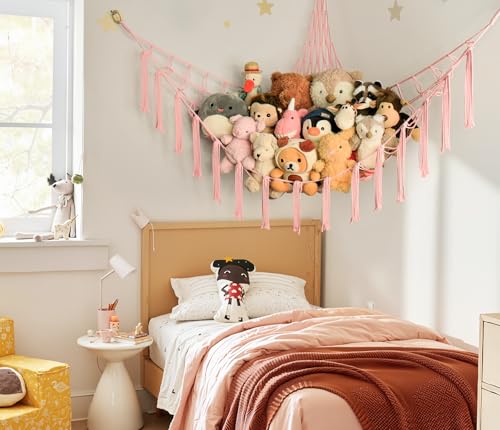 Stuffed Animal Storage Hammock Corner Net - Pink Room Christmas Decor for Teen Girls - Toys Storage Hanging Stuff Animal Organizer Holder Cute Stuff - Boho Nursery Dorm Bedoom Decor Aesthetic - color: BabyPink, size: Standard(41.5"L x 55.2"W x 41.5"H)