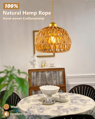Rattan Pendant Light Fixtures, 7.6” Boho Woven Basket Pendant Light, Handmade Wicker Hanging Lamp, Rustic Wicker Chandelier for Kitchen Island, Dining Room, Living Room, Bedroom, E26 Base - color: 7.67″-Round