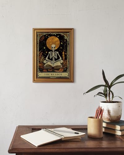 HUARCEY Gold Framed Canvas Wall Art, Skeleton Reader Tarot Picture Decor, Library Reading Room School Decor, Book Lover Witchy Gothic Halloween Canvas Paintings, 12x16inch - color: Skeleton Reader Art, size: 16"L x 12"W