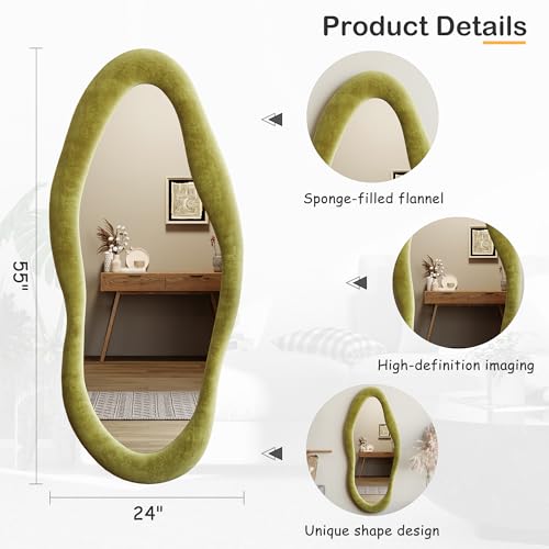 Honyee 55" x 24" Wavy Mirror, Flannel Wrapped Wooden Frame, Irregular Hanging for Cloakroom/Bedroom/Living Room, Green - color: Green, size: 55"L x 24"W