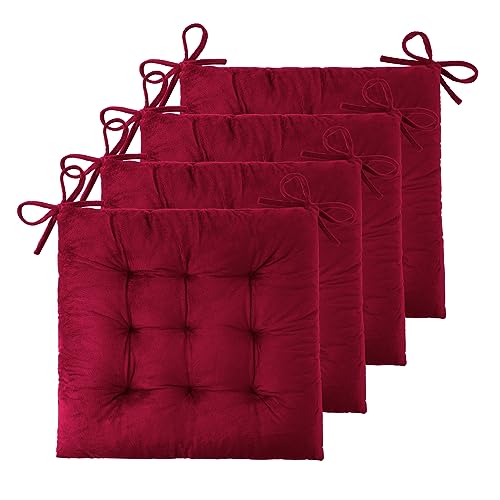 ELFJOY 4 Pack Chair Cushions for Dining Chairs Chair Pads Cushion for Kitchen Office Tufted Square Seat Cushion with Ties (16" Burgundy Velvet) - color: Burgundy Velvet