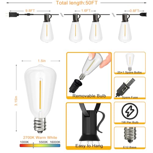Svater 50 FT Outdoor String Lights, Patio Light with 26 ST38 Edison Bulbs | Outside Waterproof Hanging Lighting, Shatterproof, Connectable for Bistro Cafe Market Backyard Porch,Warm White, Dimmable - size: 50FT