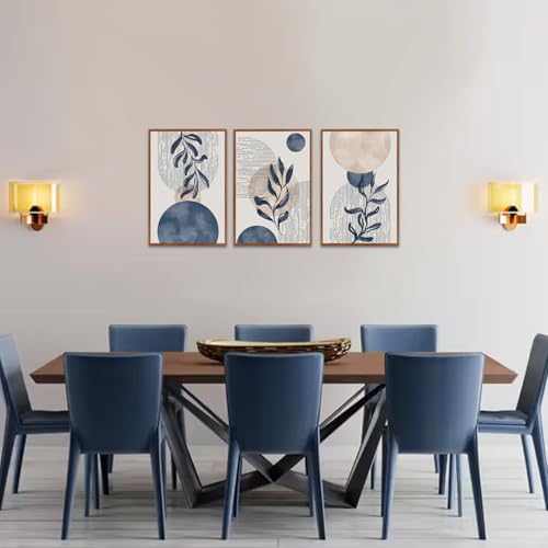 KAIRNE Boho Plant Wall Art Set of 3,Blue Bohemain Framed Canvas,Abstract Geometric Line Wall Painting,Modern Nature Prints,Botanical and Moon Wall Art for Living Room Bedroom Office - 3Pieces,16”X24” - color: Blue and White Wall Art, size: 16"Lx24"W