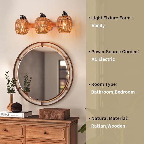 3-Light Rattan Vanity Light Fixtures,Bathroom Lighting Fixtures Over Mirror,Rustic Rattan Lampshade Wood Wall Light Boho Vanity Light Farmhouse Wall Sconces for Kitchen Stairs Bedroom - color: Drum shade