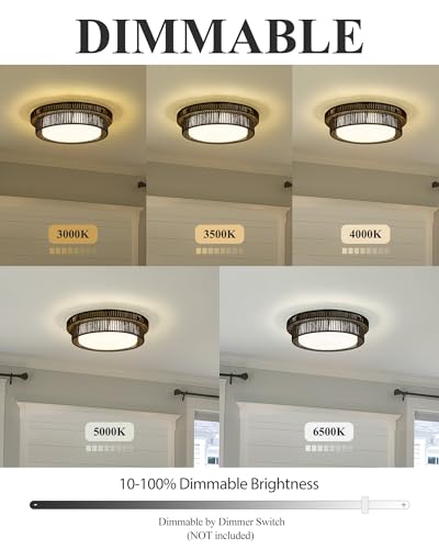Black Rattan Ceiling Light, HWH 15W LED Woven Flush Mount Ceiling Light 13'' Boho Light Fixtures Ceiling Coastal Twine Lighting Fixtures for Bedroom Hallway, 5HYS78F-LED BK - color: Black, size: 13 Inch