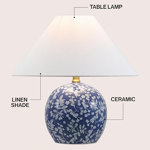 JONATHAN Y 17.25" Blue/White Modern Cottage Floral Ceramic Globe Table Lamp for Bedroom, White Linen Shade, LED Bulb Included, French Country Home Decor JYL5508A - color: Blue/White