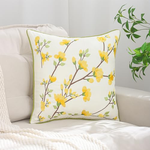 LUOYEHK Embroidered Throw Pillow Covers 18x18 Inch Set of 2 Yellow Retro Flowers Decorative Pillow Covers Spring Summer Flora Pillowcase Cushion Cover for Couch Sofa Bed Home Decor - color: Yellow Flowers