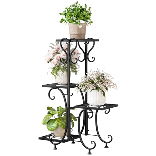 INGIORDAR Plant Stand Indoor Outdoor Shelf 4Tier Metal Holder Pot Rack Multiple Plants Stand Tall Flower Shelf Corner Living Room Garden,Black (Black, 4 Pots) - size: 4 Pots