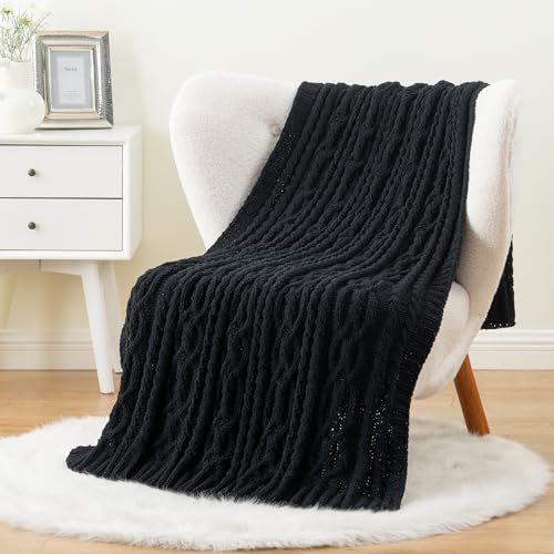 Battilo Black Throw Blanket for Couch, Cable Knit Blanket for Bed,Chair, Home Decor, Soft Cozy Woven Chenille Throw Blanket, Decorative Boho Throw Blanket, 51"x67" - color: Black