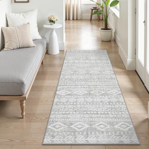 Lahome Farmhouse Grey Hallway Runner Rug, Low-Pile Washable 2x6 Laundry Room Rug Runners for Hallways Non Slip, Moroccan Tribal Print Indoor Floor Carpet Runner 6ft for Bathroom Kitchen Varena - color: Grey/White, size: 2' x 6'