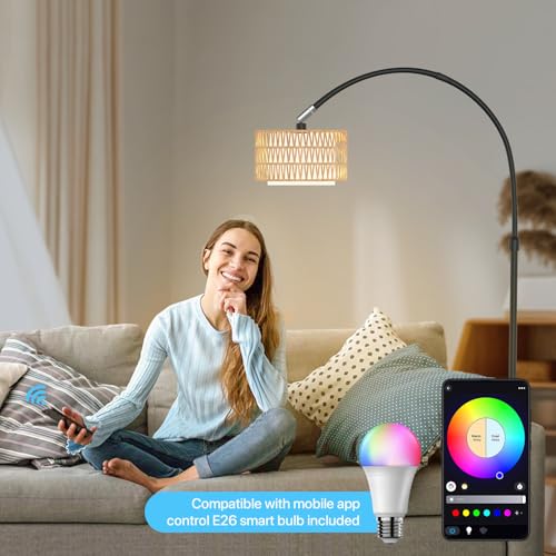 Arc Floor Lamp with Remote Control, Dimmable LED Floor Light with 3 Color Temperature, Black Standing Lamp with Rattan & Fabric Double Drum Shade, Boho Farmhouse Tall Floor Lamp for Living Room - size: Arc-Lantern Shade