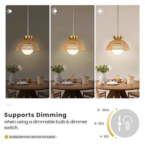 AIJIASI Rattan Pendant Light, 11.8" Hand Woven Boho Pendant Light Fixture with Milk Glass Globe, Gold Kitchen Pendant Lighting Over Island Adjustable Chandelier for Dining Room Hallway Foyer - color: Gold