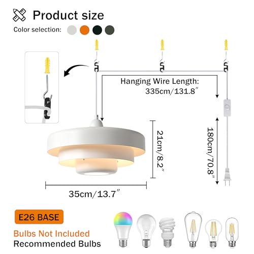 Hanging Lamp Plug in White Pendant Light Fixtures Mid Century Modern Pendant Lamp Nordic Style Pendant Lighting Metal Shade for Living Room Dining Room Bedroom Kitchen Island - color: Standard-White (13.5in)