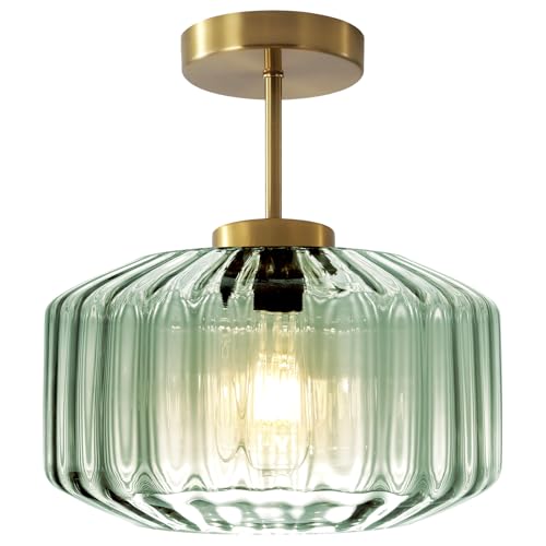 Sage Green Ribbed Glass Semi-Flush Mount Ceiling Light, 11.02" Modern Close to Ceiling Lamp, Gold Ceiling Light Fixture for Kitchen Bathroom Hallway - color: Mint Green, 1-Light