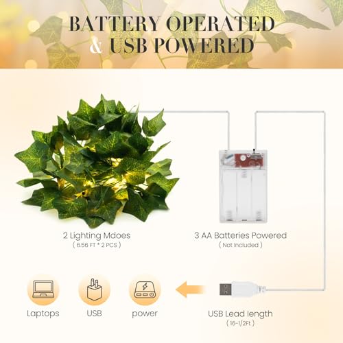 KASZOO 2 Pack 6.56 Ft Vine with Fairy Lights, 80LEDS Battery/USB Operated, Vine String Lights, Ivy Garlands with Fairy Lights for Bedroom Party Wall Room Hanging Decor - color: IVY-USB/Battery Powered-80 LED-Copper Wire