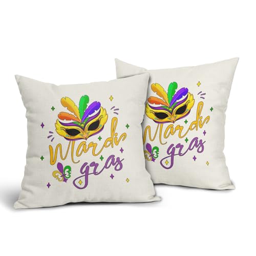 Mardi Gras Pillow Covers 16x16 Inches Masquerade Eye Mask Throw Pillow Case Set of 2 Fleur De Lis Pillow Cover Cotton Linen Cushion Cover for Home Couch Sofa Bedroom Livingroom - color: Colorful Mask231201, size: 16" x 16" (Pack of 2)