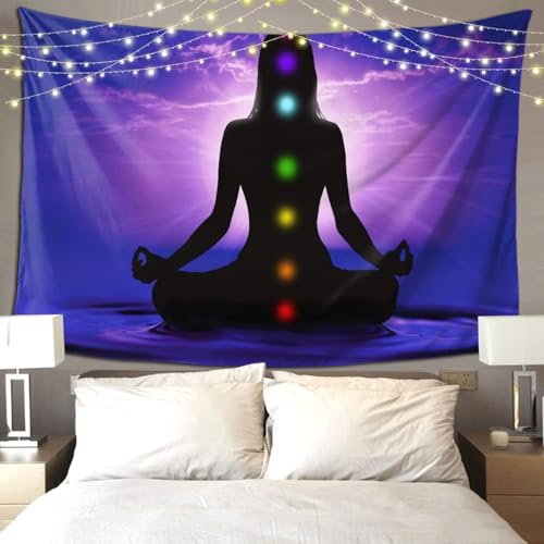 RTAFGU Chakra Meditation Tapestry, Chakra Meditation Silhouette, Spiritual Yoga Sunset Sky Art Home Aesthetic Tapestries Wall Hanging for Home Living Room Dorm Party Bedroom Decoration 80" L x 60" W - color: Chakra Meditation_1503, size: 80"L x 60"W