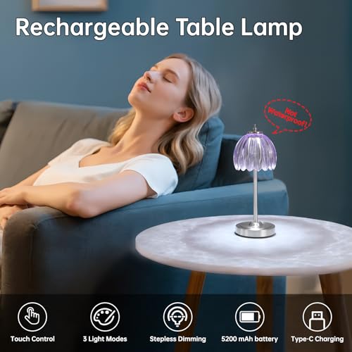 Shenmoyl Tulip Table Lamp with 5200mAh Battery & Touch Control, Cordless Small Table Lamp with 3 Colors, Dimmable Rechargeable Table Lamps for Living Room, Bedroom, Desk, Bedside (Clear Purple Tulip) - color: Clear Purple, size: 1 Pack