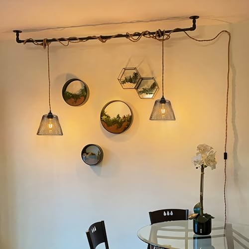 2-Light Plug in Pendant Light with Black Metal Cage Lampshade Ø20cm, E26/E27 Hemp Rope Vintage Hanging Lights Kit with Plug in Cord 19.68ft for Dining Room Living Room, No Bulb - color: 2-Light Hemp Rope with Shade