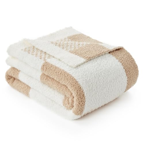 Snuggle Sac Checkered Blanket, Beige Throw Blanket for Couch Plaid Microfiber Fluffy Warm Cozy Fuzzy Soft Throw Blanket Reversible Checkerered Blankets for Sofa, Bed, 60x80 inches - color: Checker Beige, size: Twin(60"x80")