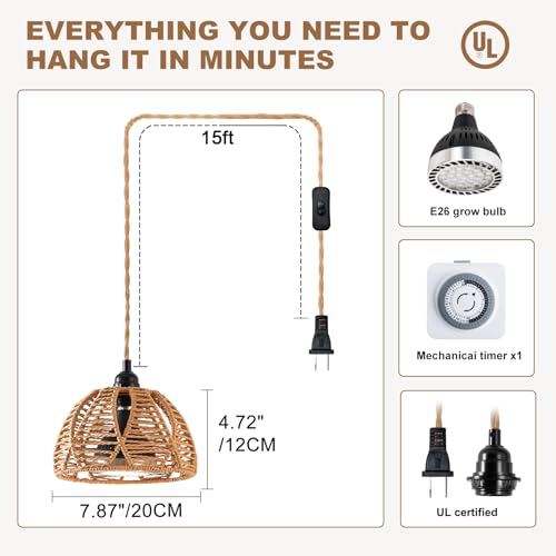 Hanging Grow Light, 30W LED Lamp with Timer for Indoor Plants | 4000K LED plant lamp with 15 ft cord, outlet timer, and boho paper rope shade for succulents, herbs, and low-light rooms. - color: Cage