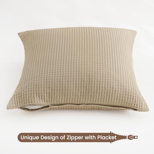 PHF 100% Cotton Waffle Weave Throw Pillow Cover, 24" x 24", No Filling, 2 Pack Elegant Home Decorative Square Throw Pillow Covers for Bed Couch Sofa, Khaki - color: Khaki, size: 24" X 24" (Pack of 2)