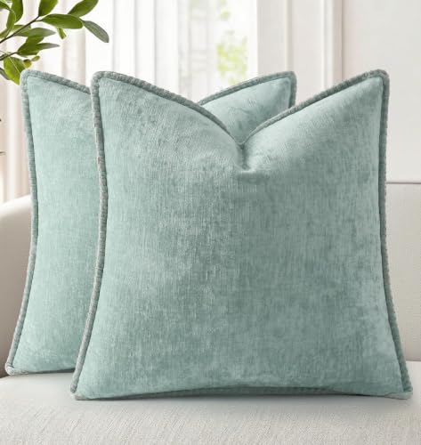 decorUhome Summer Chenille Soft Cozy Throw Pillow Covers 12x12 Set of 2, Modern Farmhouse Boho Velvet Decorative Pillow Cases with Stitched Edge for Couch Sofa Bed Home Decor, Aqua Haze - color: Aqua Haze, size: 12" x 12" (Pack of 2)
