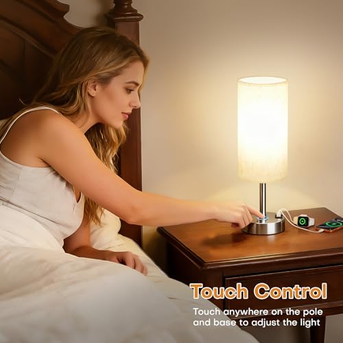 MOICO Bedside Table Lamp for Bedroom, 3-Way Dimmable Nightstand Lamp with USB C, USB A Ports & AC Outlet, Small Table Lamp Fabric Shade for Living Room Dorm Office, LED Bulb Included (14in Silver) - color: Silver
