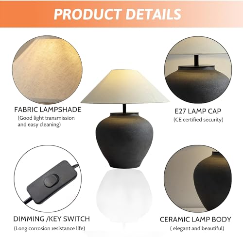 Farmhouse Table Lamps Black 18.8" Tall Ceramic Table Lamp Rustic Southwestern Clay Pot Ceramic Lampshade with Fabric Shade Bedside Nightstand for Living Room Bedroom House Office Entryway (Black) - color: Black