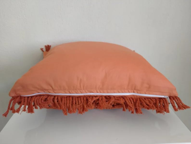 Rust Terracotta Macrame Throw Pillow Cover, Boho Textured Knitted Fringe Decorative Cushion Case, Diamond Lattice Woven Square Pillowcase for Sofa Couch Bedroom Farmhouse Home Decor, 18x18 Inch (Pillo