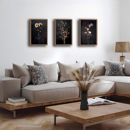 AUROR 3pcs Vintage Floral Canvas Wall Art - Dried Sunflowers, Poppies, And Roses - Dark-Themed Bohemian Floral- Elegant Botanical Prints For Living Room, Bedroom, And Office Decor 12x16in - color: Dried poppy rose flowers, size: 12x16in