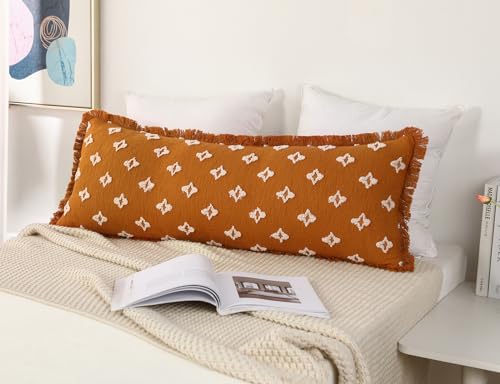 Boho Long Lumbar Pillow Cover 12x48 with Tassel Fringe,3D Flower Patterned Extra Decorative Long Lumbar Pillow Cover Case for Sofa Couch Bed Livingroom Farmhouse,Rust Red - color: Rust Red, size: 48" x 12" (Pack of 1)